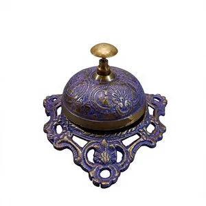 Cloche d'appel décorative en laiton violet royal, motif floral en relief, cloche à pousser vintage pour réception d'hôtel, comptoir de restaurant, décoration - Product Image 4
