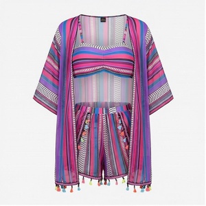 Ensemble tankini rayé en mousseline de soie pour femme grande taille avec short à franges et haut kimono ouvert sur le devant - Product Image 1