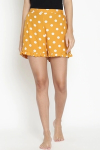 Women's Yellow Polka Dot Knitted Cotton Shorts With Ruffles <b>Elastic</b> Waist Mid Rise Casual Regular Fit - Product Image 2