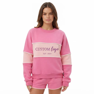 Conjunto de Sudadera y Pantalones Cortos de Dos Piezas, Corte Holgado, Personalizado con Logotipo Bordado, Cuello Redondo, Felpa Rosa, Sudadera con Capucha para Mujer, Estampado de Letras - Product Image 2
