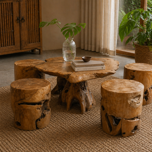 ARTERRA Luxury Rustic Teak Root Coffee <b>Table</b> <b>Set</b> Natural Wood <b>Stools</b> Handcrafted Living Room Furniture for Home Hotels Villas - Product Image 4