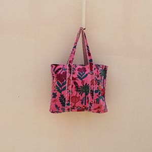 Sac fourre-tout en velours de coton imprimé avec double poignée, motif floral matelassé, fermeture ouverte et à glissière, pour les voyages et l'usage quotidien - Product Image 2
