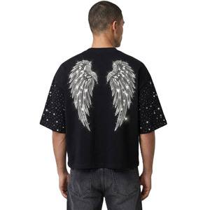 T-shirts personnalisés pour hommes avec strass, luxe, coupe oversize, motif ailes d'ange et diamants noirs, style streetwear hip-hop, tissu épais - Product Image 4