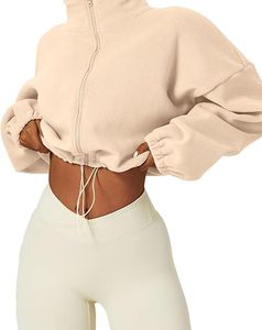 Cropped <b>Fleece</b> <b>Jacket</b> Women Stand Collar Zip Up Full Sleeve Soft <b>Warm</b> Casual Outerwear Autumn Solid Color Pullover - Product Image 4