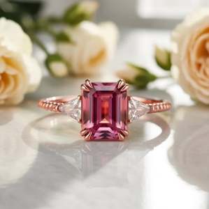 Anillo de Compromiso de Moissanita Rosa con Corte Esmeralda en Plata de Ley 925 Chapada en Oro con Engaste de Garras para Aniversario de Bodas - Product Image 4