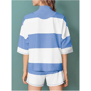 Wholesale Summer Casual Leisure Wear Women Color Block Striped Half Zip <b>Sweatshirt</b> Matching Shorts Two Piece Tracksuit Set - Product Image 1
