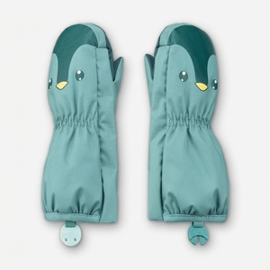 Mitaines de ski d'hiver pour enfant, isolées thermiquement, en polyester, avec fermeture à cordon, imprimé pingouin, vert - Product Image 1