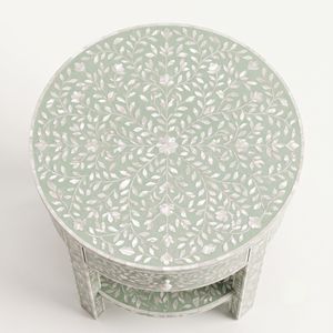 Artisan MOP Light <b>Green</b> Round <b>Bedside</b> <b>Table</b> with 1 Drawer Intricate Floral Pattern Luxury Furniture Inlay Bedroom Furniture - Product Image 3