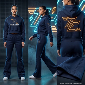 Ensemble de survêtement décontracté 2 pièces Twin City pour femme, sweat-shirt court à capuche bleu marine et pantalon de jogging, manches longues, en molleton, coupe ample, toutes saisons - Product Image 4