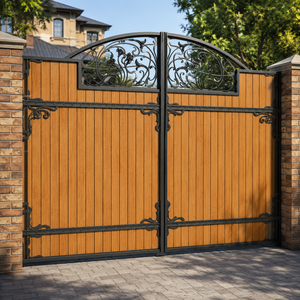 Puerta de Entrada Principal Decorativa de Hierro Forjado y Madera con Arco para Seguridad del Límite de la Propiedad de una Villa - Product Image 3