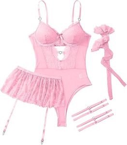 Ensemble sexy de lingerie en tissu tissé uni, body et jupe - Product Image 3