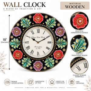 Grande horloge murale florale en bois artisanale |   Design indien traditionnel peint à la main |   Horloge analogique à quartz alimentée par piles, emballée dans une boîte - Product Image 5