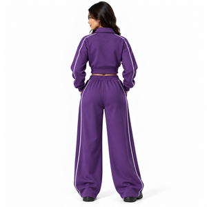 Trendy Purple Color Womens Piped Tracksuit Cropped Zip Jacket Wide Leg <b>Pants</b> Set Two Piece Fleece Activewear Sweatsuits For Gyms - Product Image 2
