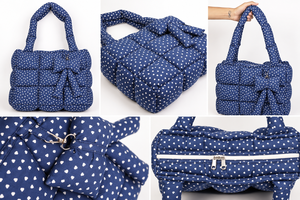 Sac fourre-tout matelassé en nylon blanc marine à imprimé cœurs pour femme avec fermeture éclair à nœud - Product Image 5