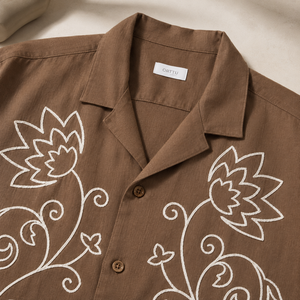 Luxury Men's Brown Floral Embroidered Cotton <b>Shirt</b> <b>Half</b> Sleeve Casual Resort Wear <b>Shirt</b> for Men - Product Image 2