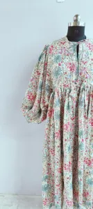 Robe midi élégante bohème multicolore à fleurs, faite à la main en coton, avec col à nouer et imprimé ethnique, robe décontractée - Product Image 2