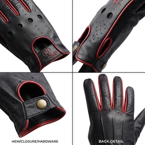 Gants de conduite unisexes en cuir perforé noir et rouge avec fermeture à bouton-pression pour le printemps, l'été et l'automne - Product Image 4