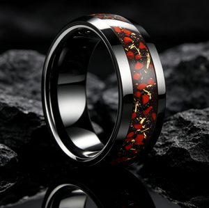 Bague en carbure de tungstène avec incrustation d'os de dinosaure et de feuille d'or, alliance biseautée pour femmes et hommes, bijoux de luxe anciens en gros - Product Image 2