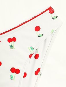 Conjunto de Bikini con Estampado de Cerezas para Mujer, Top Triangular con Escote Pronunciado, Braguita Tipo Tanga, Ribete en Contraste, Spandex, Poliéster Elástico - Product Image 2