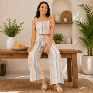 Ensemble deux pièces haut court sans manches à col halter et volants en coton uni de qualité supérieure pour femme, avec pantalon large à franges, style bohème printemps-été - Product Image 2