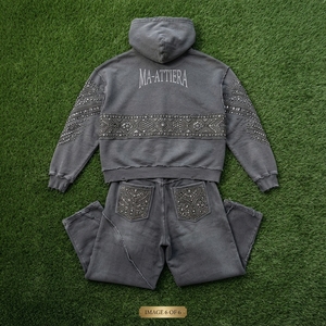 Conjunto Deportivo Personalizado para Mujer, Sudadera con Capucha Extra Grande, Color Gris Oscuro, Estilo Vintage, con Cierre y Bordado, Pantalones Deportivos Anchos de Felpa de Algodón, OEM - Product Image 5