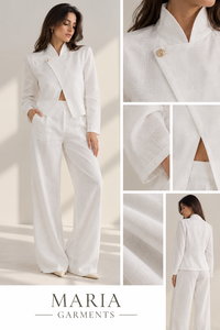 Ensemble pantalon de vacances de qualité supérieure en tissu tissé à col mandarin - Blazer blanc élégant à boutons avec pantalon large décontracté moderne - Vente en gros - Product Image 5