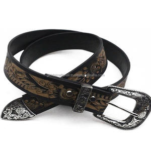 Vintage Hand Carved <b>Tooled</b> Pattern Embossed Original Western <b>Leather</b> <b>Tooling</b> <b>Belt</b> for Men with 3 Piece Antique Buckle Set - Product Image 5