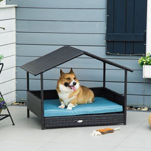 Cuccia per Cani Rialzata in Rattan Blu per Interni/Esterni con Cuscino Rimovibile, Arredamento per Animali Domestici in Vimini - Product Image 2