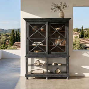 Vintage Salvado Cabinet Premium Eco-Friendly Durable <b>Solid</b> Teak <b>Wood</b> Display <b>Bookcase</b> X-Motif Glass Sliding Doors Living Room - Product Image 3