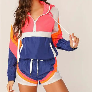 Ensemble de survêtement pour femmes, coupe-vent bicolore, ensemble court 2 pièces, couleur personnalisée pour l'entraînement et les occasions décontractées - Product Image 3