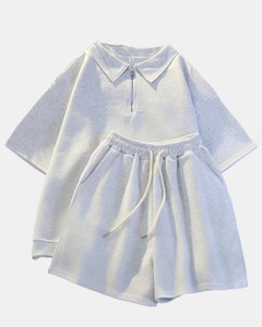 Summer Polo Collar Knee Button Pajama Set Breathable Regular Fit Casual Sporty Short Sleeve Shorts Two-Piece Women Solid Color - Product Image 1
