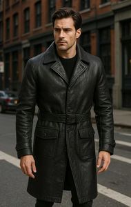 <b>Men</b> Genuine Leather Knee Length <b>Trench</b> <b>Coat</b> Notched Lapel Single Breasted With Front Pockets Regular Fit - Product Image 4