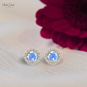Customized 14k Solid Gold Rainbow Moonstone Halo <b>Earrings</b> 4mm Natural Round Cut Stone with Diamond Push <b>Back</b> Jewelry for Women - Product Image 6