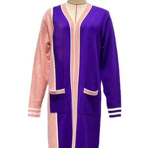 เสื้อคลุมคาร์ดิแกนผู้หญิงสำหรับฤดูหนาว สีม่วงและชมพู แต่งลายทางสีขาว คอวี ผ้าฟลีซขนสัตว์/แคชเมียร์ มีกระเป๋าหน้า เหมาะสำหรับชุดนักศึกษาหญิง - Product Image 5