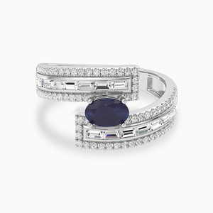 Luxury Women's White Gold Cocktail <b>Ring</b> With Oval Sapphire And Baguette Diamond Channel Setting Pave Band Geometric Design - Product Image 1
