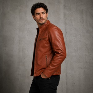 Men <b>Leather</b> Biker <b>Jacket</b> Stylish Motorcycle Inspired Zip Up Front Stand Collar <b>Long</b> Sleeve Casual Outerwear with Modern Design - Product Image 3