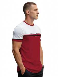 T-shirt décontracté pour homme à col rond et manches courtes, coloris blanc et bordeaux, avec bordure contrastante - Product Image 2