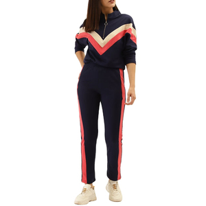 Unisex Navy Color Blocking Tracksuit Set <b>Red</b> Side Stripes Half-Zip Top Ankle-Length Pants Breathable Viscose/Polyester Quick Dry - Product Image 1