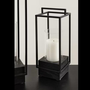 Modern Matte Black Wire <b>Lantern</b> – Dark Wood Block Base Glass <b>Hurricane</b> Holder - Product Image 1