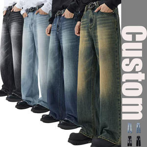 Pantalones Vaqueros Anchos de Mezclilla Lavada a la Piedra para Hombre, Cintura Alta, Corte Holgado, Casuales, de Algodón para Otoño - Product Image 1