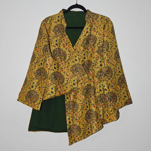 Yellow Madhubani Print Tusser Silk Overlap Jacket l Mustard Floral Printed <b>Tunic</b> Top - Product Image 1
