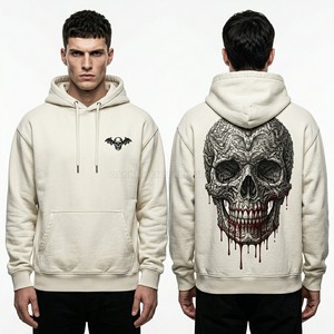 Sudadera con Capucha Personalizada con Estampado de Neón para Hombre, Negra, Lavado Ácido, Estilo Urbano, Gráfico de Colmillos de Vampiro, Sudadera de Felpa de Algodón Grueso - Product Image 3
