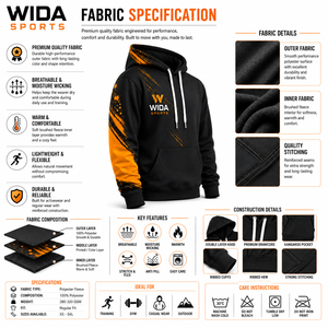 Sweat à capuche personnalisé en polaire polyester noir et orange avec impression par sublimation à effet brossé - Product Image 6