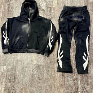 Venta Directa de Fábrica: Conjuntos Deportivos Personalizados para Hombre con Sudadera con Cierre y Bolsillos, Forro de Satén y Pantalones Acampanados, Bordados con Efecto Desgastado, OEM - Product Image 4