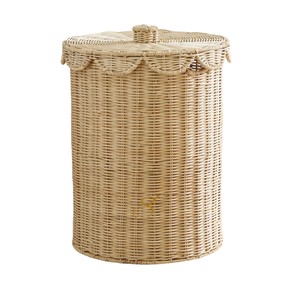 Tall Scalloped Rattan Basket with Lid Woven Decorative Storage <b>Box</b> Large Neutral Kids Nursery Room Toy <b>Hamper</b> Bin - Product Image 1