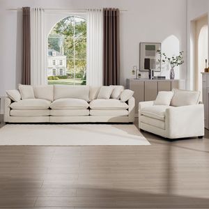 Set da Soggiorno in Stile Mid-Century Moderno: 2 Divani a 3 Posti in Velluto a Coste Beige Chiaro e 1 Poltrona Singola - Product Image 2