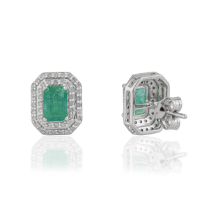 Handmade Collection of 100% Natural Zambian <b>Emerald</b> & Diamond Double Cluster <b>Stud</b> <b>Earrings</b> Latest 14K White Gold Bulk Jewelry - Product Image 5