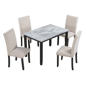 Set da Pranzo in Finto Marmo 5 Pezzi Bianco/Beige e Nero Include Tavolo con Cuscini Spessi e 4 Sedie per Arredamento Casa - Product Image 5