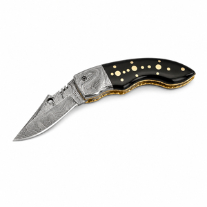 Burraq OEM DIY ODM Handmade Damascus Steel Multi-Functional Pocket Knife Black Handle Gold Dots Leather Sheath Gifts Outdoor Use - Product Image 1