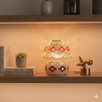 Lampe de table artisanale bohème en verre/cristal rouge/jaune à motif géométrique, taille/prise personnalisées, lampe de chevet décorative pour mariage